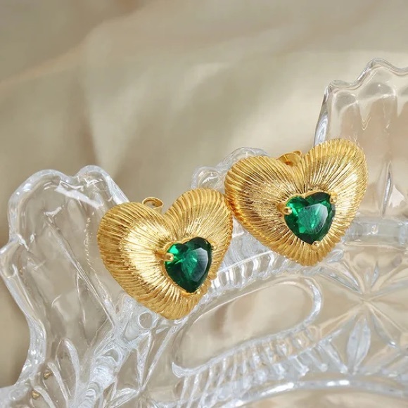 18K Gold Plated Vintage Heart Earrings*Green Emerald Swarovski Crystal*ML - Picture 5 of 6